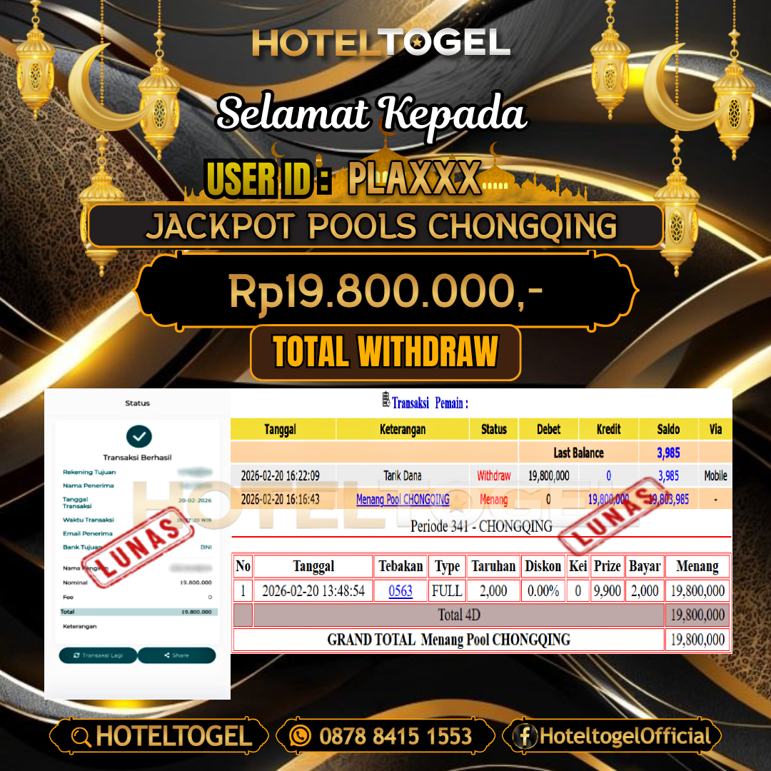 HOTELTOGEL JACKPOT TOGEL CHONGQING Rp.19.800.000 - LUNAS USER ID : PLA***