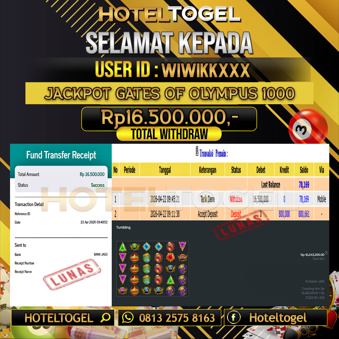 HOTELTOGEL JACKPOT SLOT GATES OF OLYMPUS 1000 Rp.16.500.000 - LUNAS USER ID : WIWIKK***