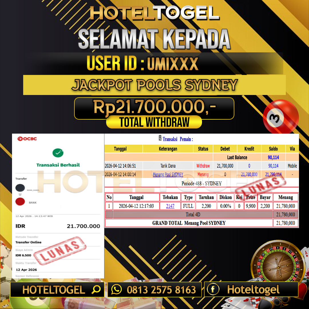 HOTELTOGEL JACKPOT TOGEL SYDNEY Rp.21.700.000 - LUNAS USER ID : UMI***