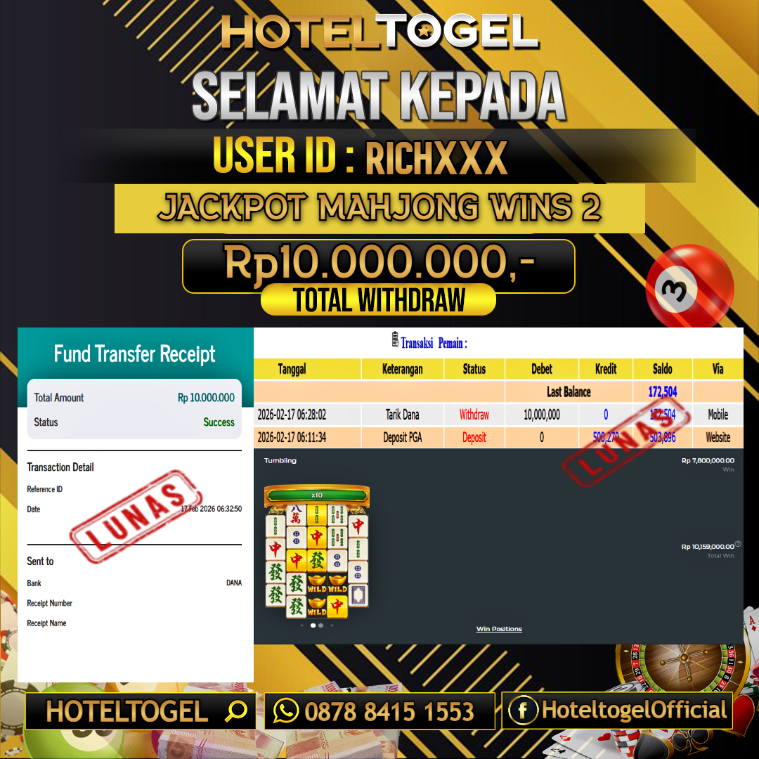 HOTELTOGEL JACKPOT SLOT MAHJONG WINS 2 Rp.10.000.000 - LUNAS USER ID : RICH***