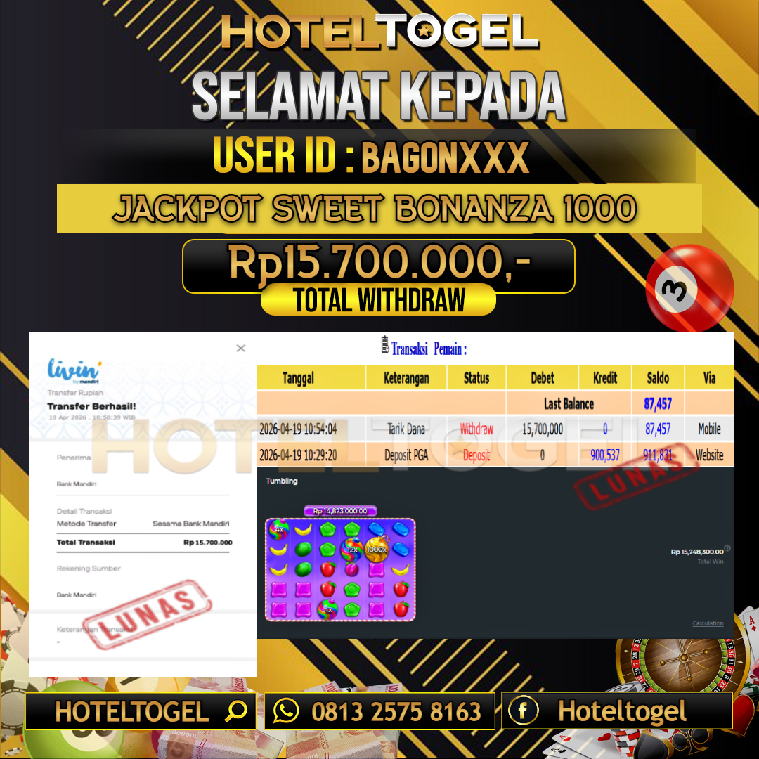HOTELTOGEL JACKPOT SLOT SWEET BONANZA 1000 Rp.15.700.000 - LUNAS USER ID : BAGON***