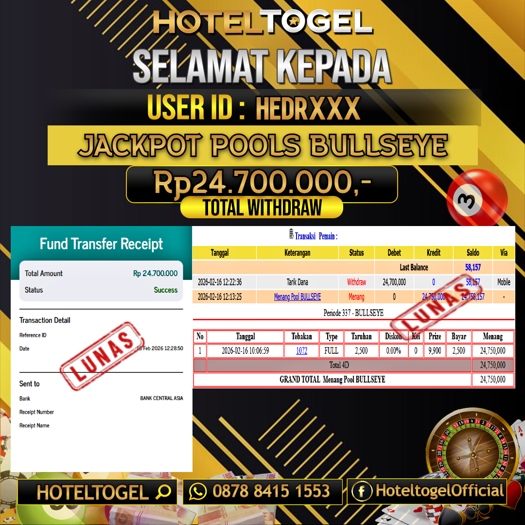 HOTELTOGEL JACKPOT TOGEL BULLSEYE Rp.24.700.000 - LUNAS USER ID : HEDR***