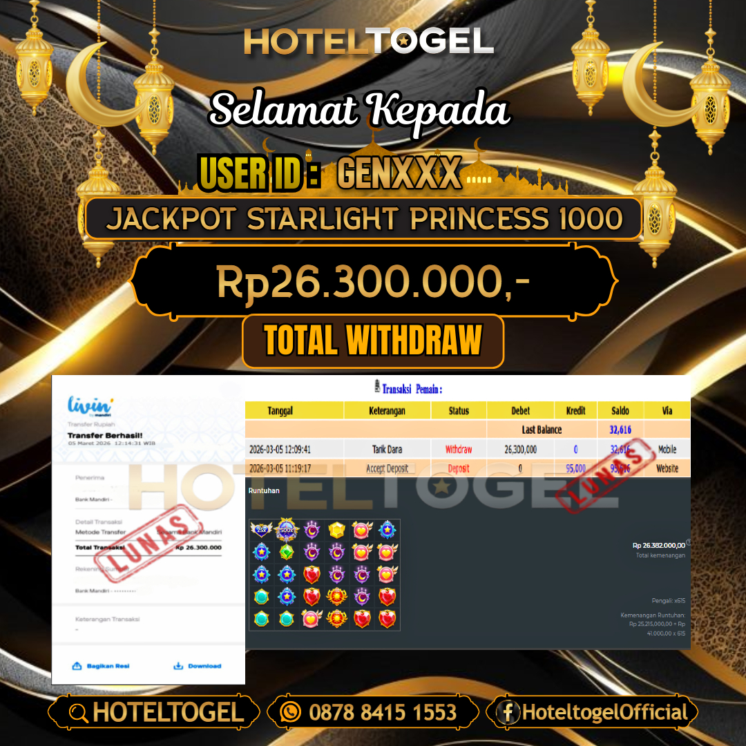 HOTELTOGEL JACKPOT SLOT STARLIGHT PRINCESS 1000 Rp.26.300.000 - LUNAS USER ID : GEN***